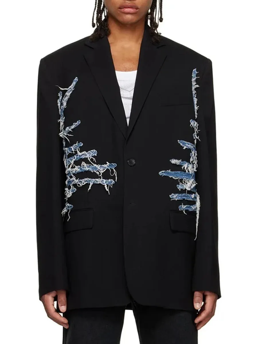 Fashion casual retro denim splicing suit 2025 summer new temperament contrasting color traf design loose blazer women outerwears