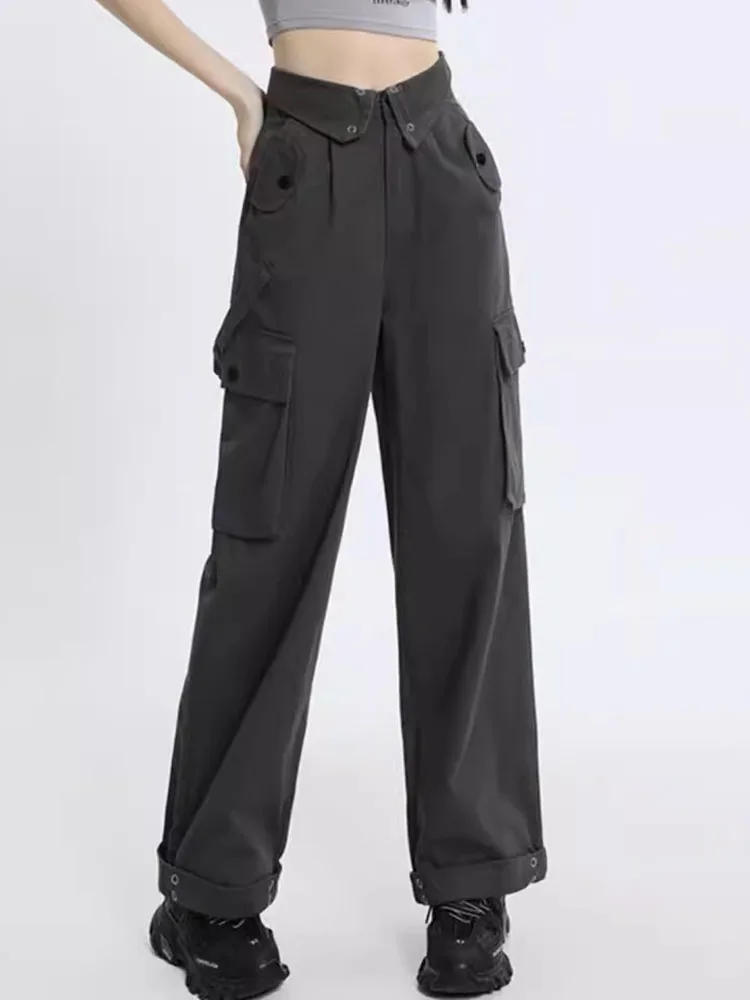 Women Big Pockets Baggy Cargo Pants Korean Fashion Lapel High Waist Wide Leg Pantalones Chic Design Loose Solid Straight Calca