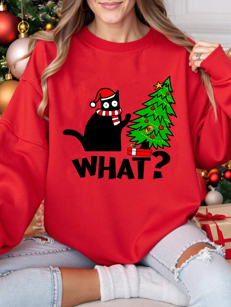 Christmas Sweatshirt Women What Black Cat Printing Casual Hoodie Crewneck Loose Fleece Pullover Winter Warm Tops Woman Clothes