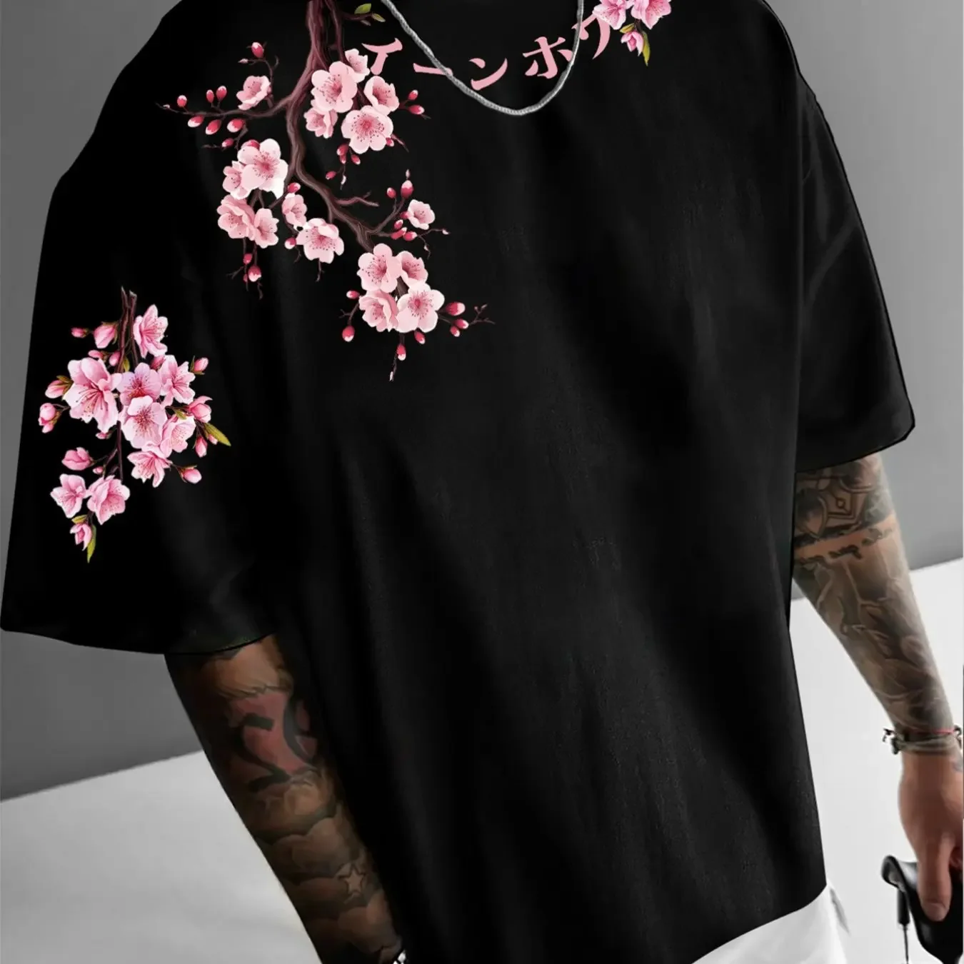 Men's Oversized Summer Japanese T-Shirt Cherry Blossom Print Soft Cotton Black Top for Street Style & Oriental Culture