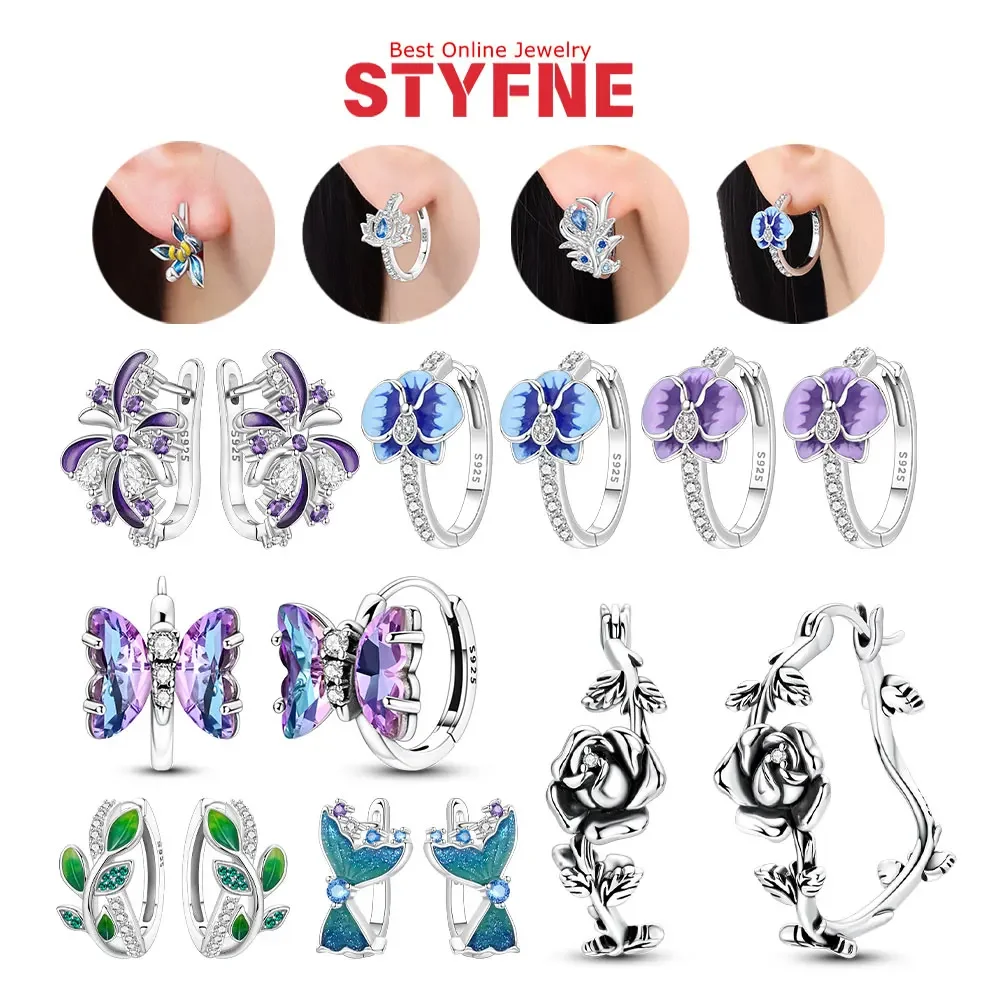 Original S925 Silver Hoop Earrings Collection Rose Lotus Butterfly & Floral Enamel Zircon Huggie Hoops for Women