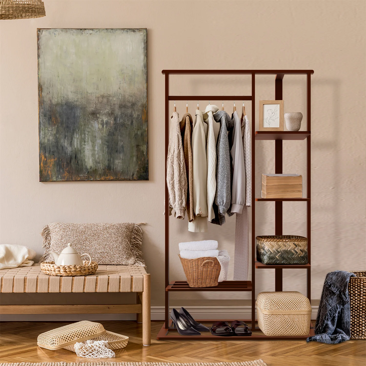 

3-in-1 Bamboo Hall Tree, Clothes Rack with Shelves & Shoe Bench, Heavy Duty Clothes Organizer with hanging Rod