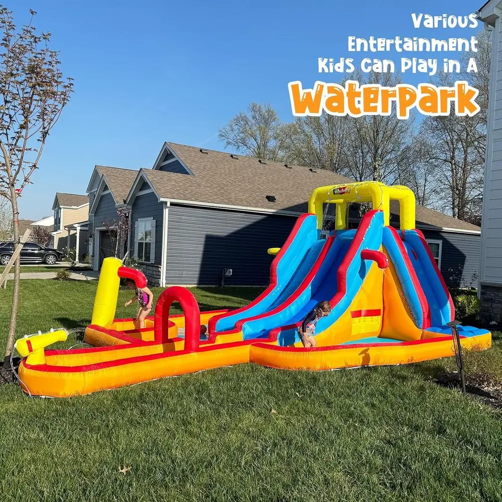 Mega Park z dmuchanymi zjeżdżalniami wodnymi, Duży dmuchany zamek dla dzieci w wieku 5-12 lat, Zjeżdżalnia wodna z ścianą wspinaczkową, Dwa bardzo długie zjeżdżalnie i basen z fontannami