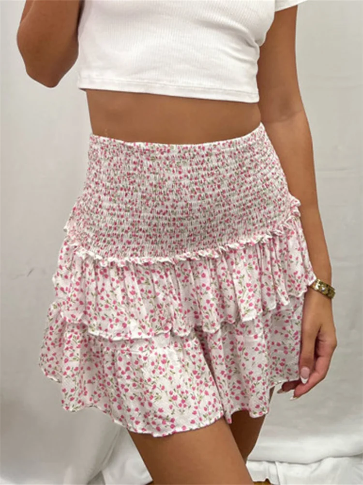 Women's Mini A-Line Skirt Solid Color High Waist Tiered Ruffled Flowy Short Skirt Summer Streetwear