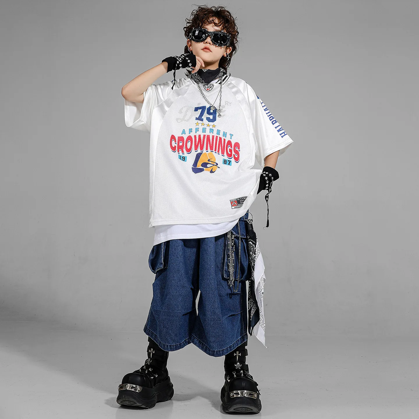 

Kid Kpop Hip Hop Clothing White Net Jersey T Shirt Denim Blue Casual Parachute Jeans Shorts for Girl Boy Dance Costumes Clothes
