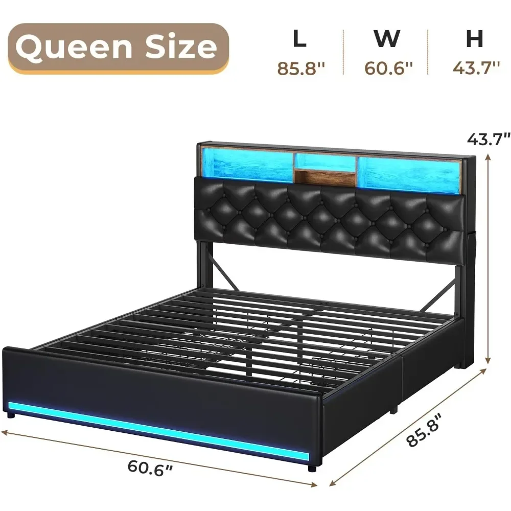 Queen Size Bed Frame with 3-Tier Headboard & Hidden Storage, 4 Drawers and Charging Station, Upholstered LED Metal Bed Frame