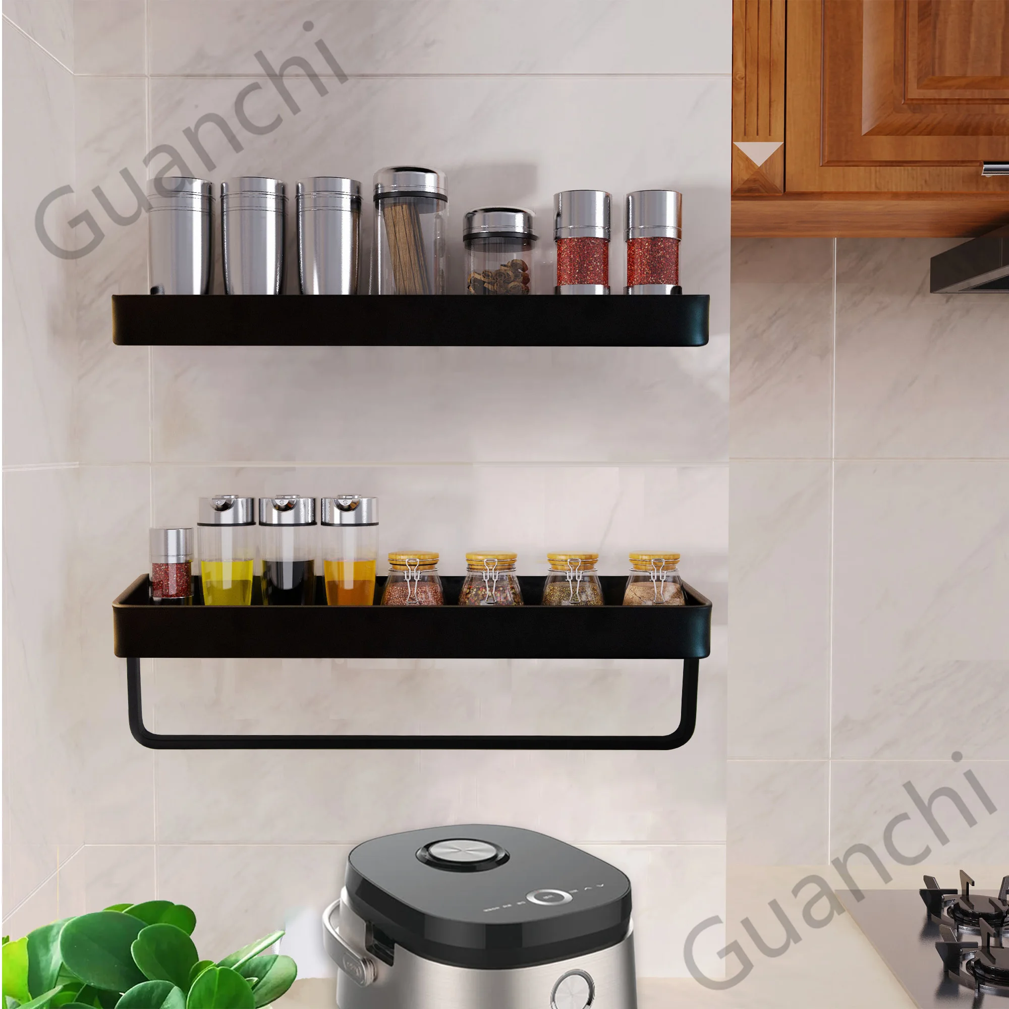 Black Bathroom Shelf Hair Dryer Holder Kitchen Wall Shelf Shower Holder Storage Rack Towel Bar Robe Hooks Bathroom Accessories