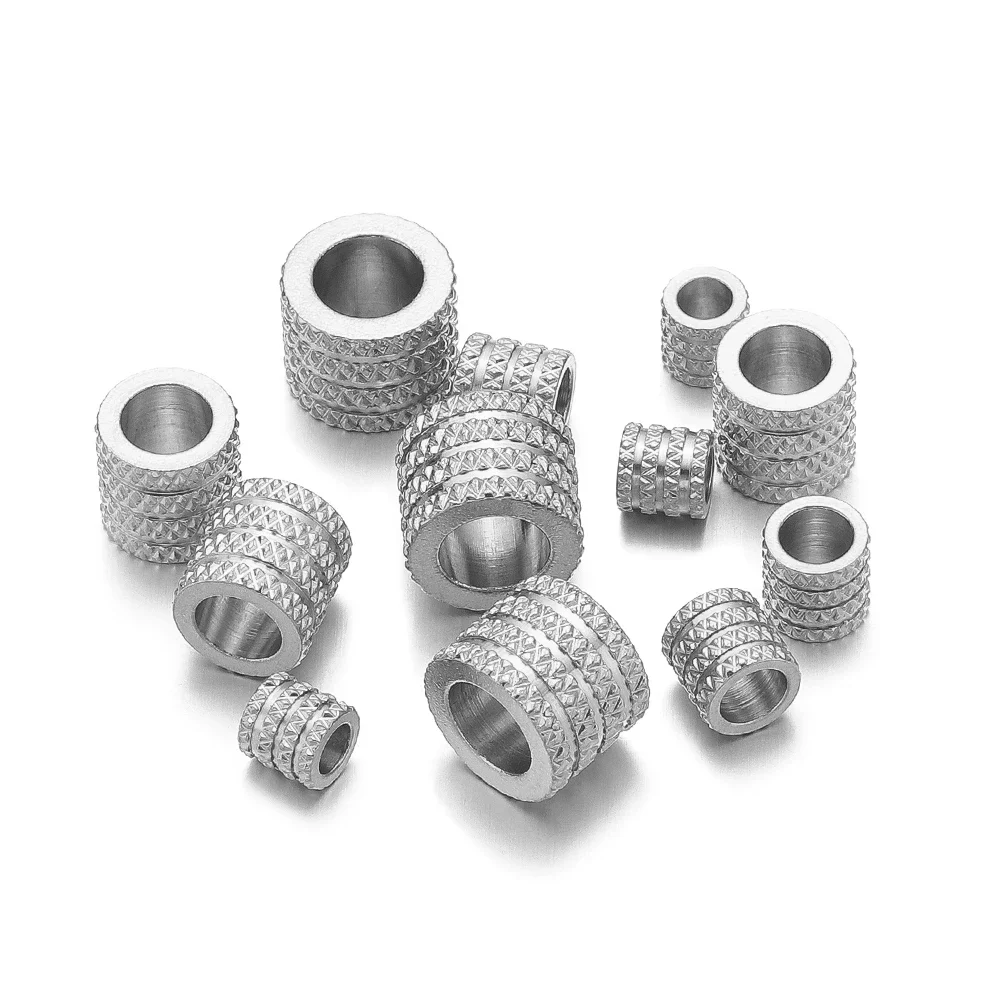 Perles moletées à grand trou en acier inoxydable, 10 pièces, perles d'espacement amples pour bricolage, résultats de colliers et de bracelets, fabrication de bijoux, vente en gros