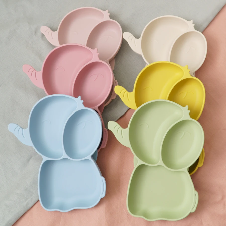 1PCS Baby Silicone Dining Dishes Plate Kids Feeding Plate Sucker Cartoon Elephant Children Dishes Toddler Training Tableware