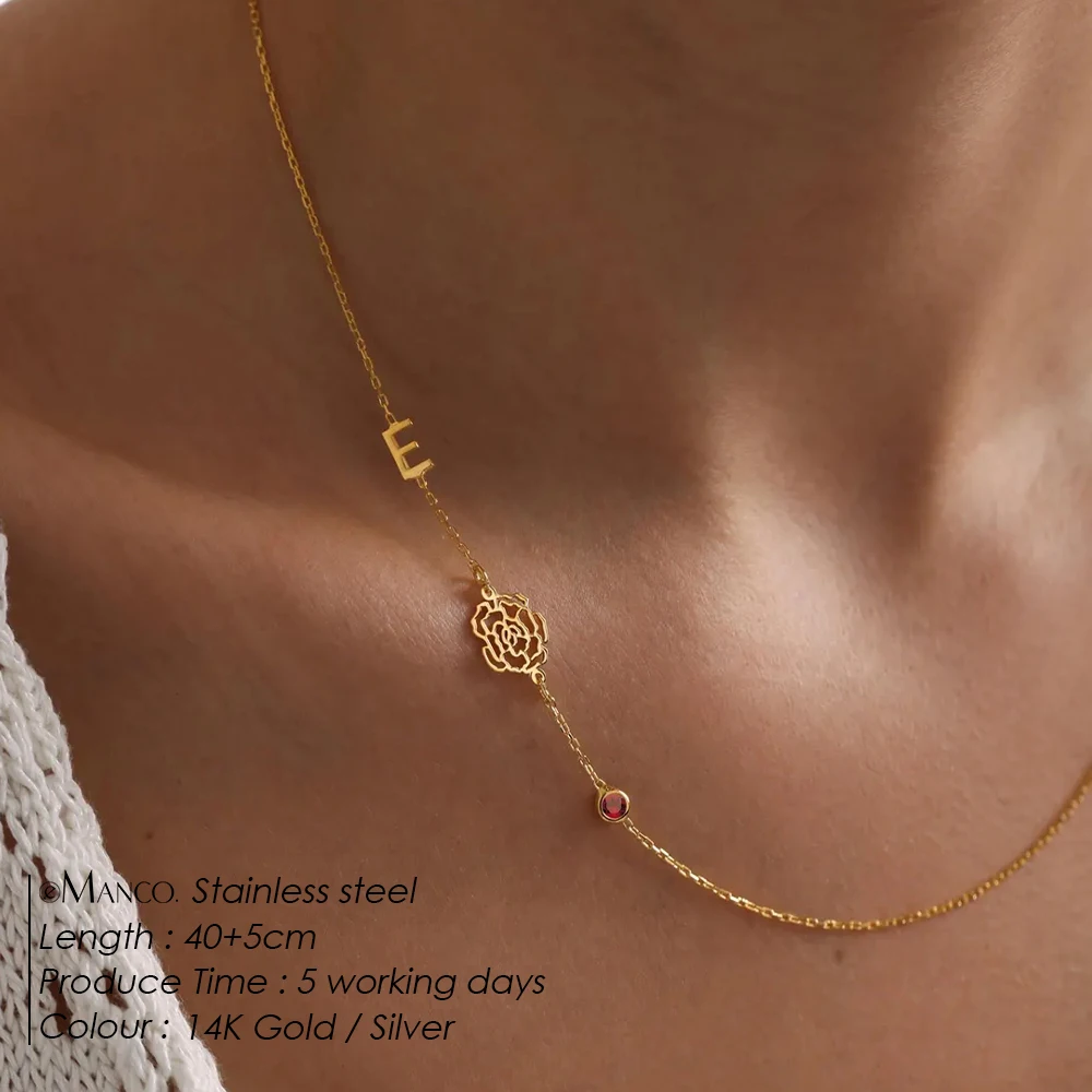 EMANCO Custom Birth Moon Flower Necklace Stainless Steel Birthstone Monogram Necklaces Women's Personalized Jewelry