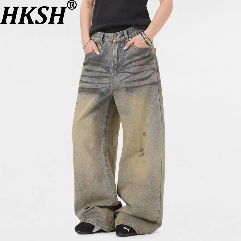 

HKSH весна осень новый мужской прилив панк ретро желтые грязевые джинсы женские прямые кошачьи усы потертые широкие джинсовые брюки HK11533