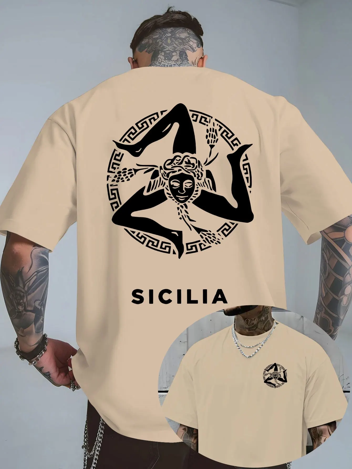 Vintage Sicilia Trinacria Symbol Grafik-T-Shirt für Herren Atmungsaktiv 100% Baumwolle Perfekt für Sommer-Streetwear und Italienische Kultur-Atmosphäre – Detail 5