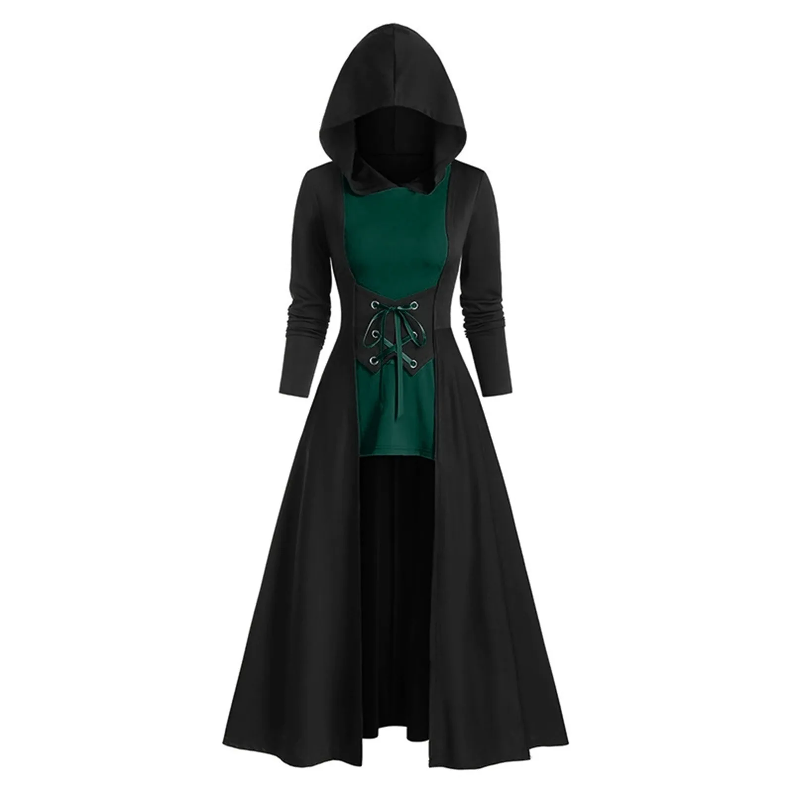 Medieval Dress For Women Lace-up Vintage Hooded Cloak Robe Adult Costume Retro Cosplay Halloween Scary Vampire Witch Long Dress