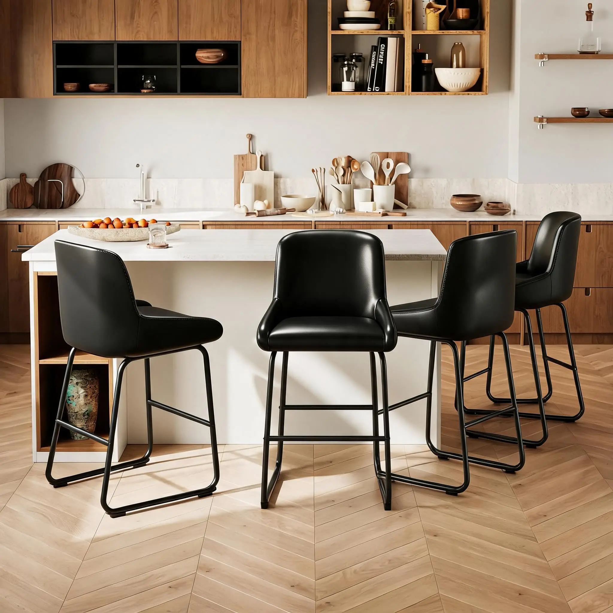 【Super Deal】4 Pack Counter Height Bar Chairs, PU Leather & Back, Metal Frame, Black