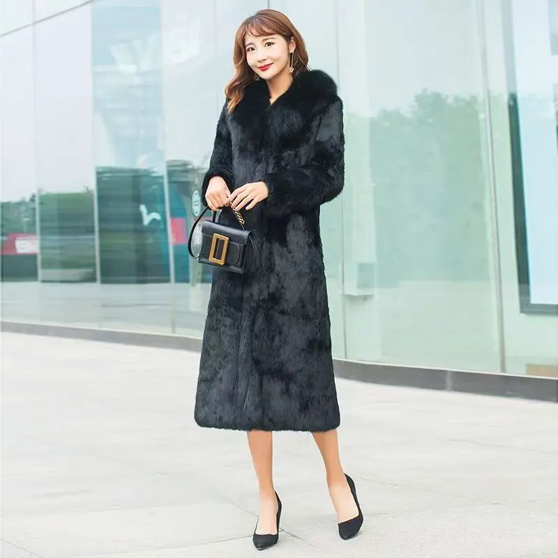 Qing Fox Fur Collar Rabbit Fur Long Coat Simple Commuting 2025 Fur One Body Slimming and Slimming Women's Large Size view 3
