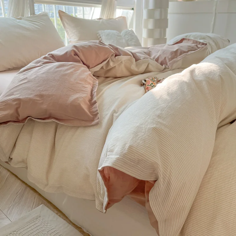 Fine Stripe Printed Bedding Set Washed Skin Friendly Naked Sleeping Comforter Cover Sets Comfortable Breathable Duvet Cover Kit
