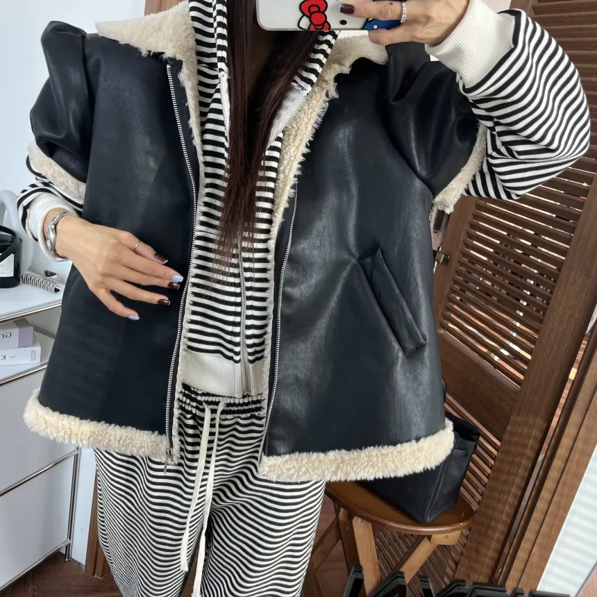 السيدات شيك ريترو فضفاض فرو الضأن Jaet السائق Sle كل مباراة الخريف الشتاء وصول جديد معطف الجلد والجلد
