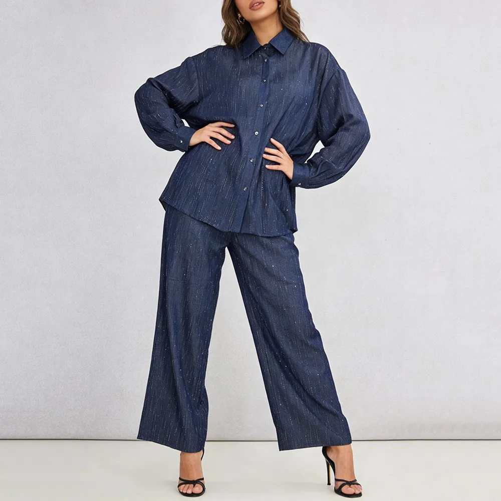 TWOTWINSTYLE الأزرق تقسم واحدة الصدر قطعتين مجموعة الإناث التلبيب كم طويل قميص عادية كسول المرأة فستان أطفال مع سروال داخلي الخريف جديد #4