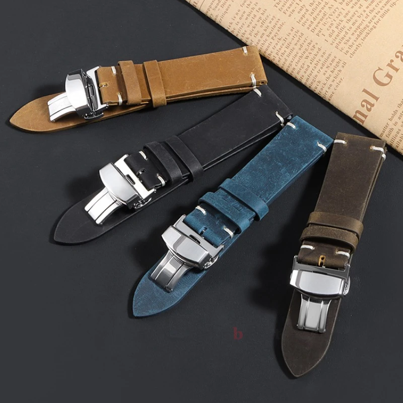 Tali Kulit Sapi Jahitan untuk Omega 18/19/20/21/22/24Mm untuk Gelang Tangan Tali Jam Tangan Kulit Antik untuk Gesper Kupu-kupu Seiko