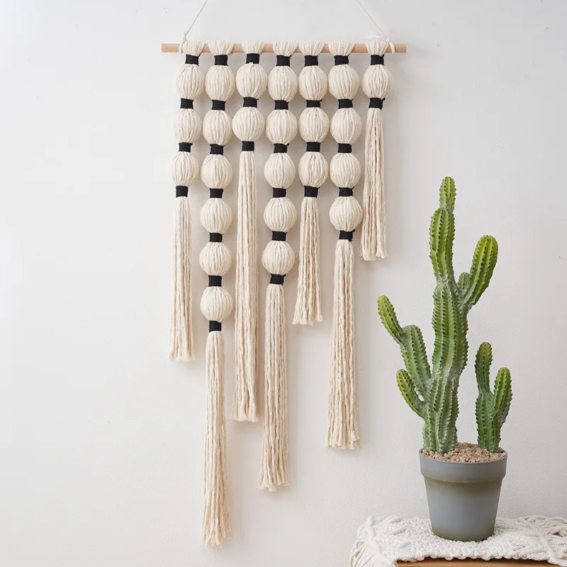 Nordic Style Handwoven Sphere Cotton Rope Minimalist Fringe Tapestries Gourd Shape Living Room Wall Decor Cotton Home Decoration