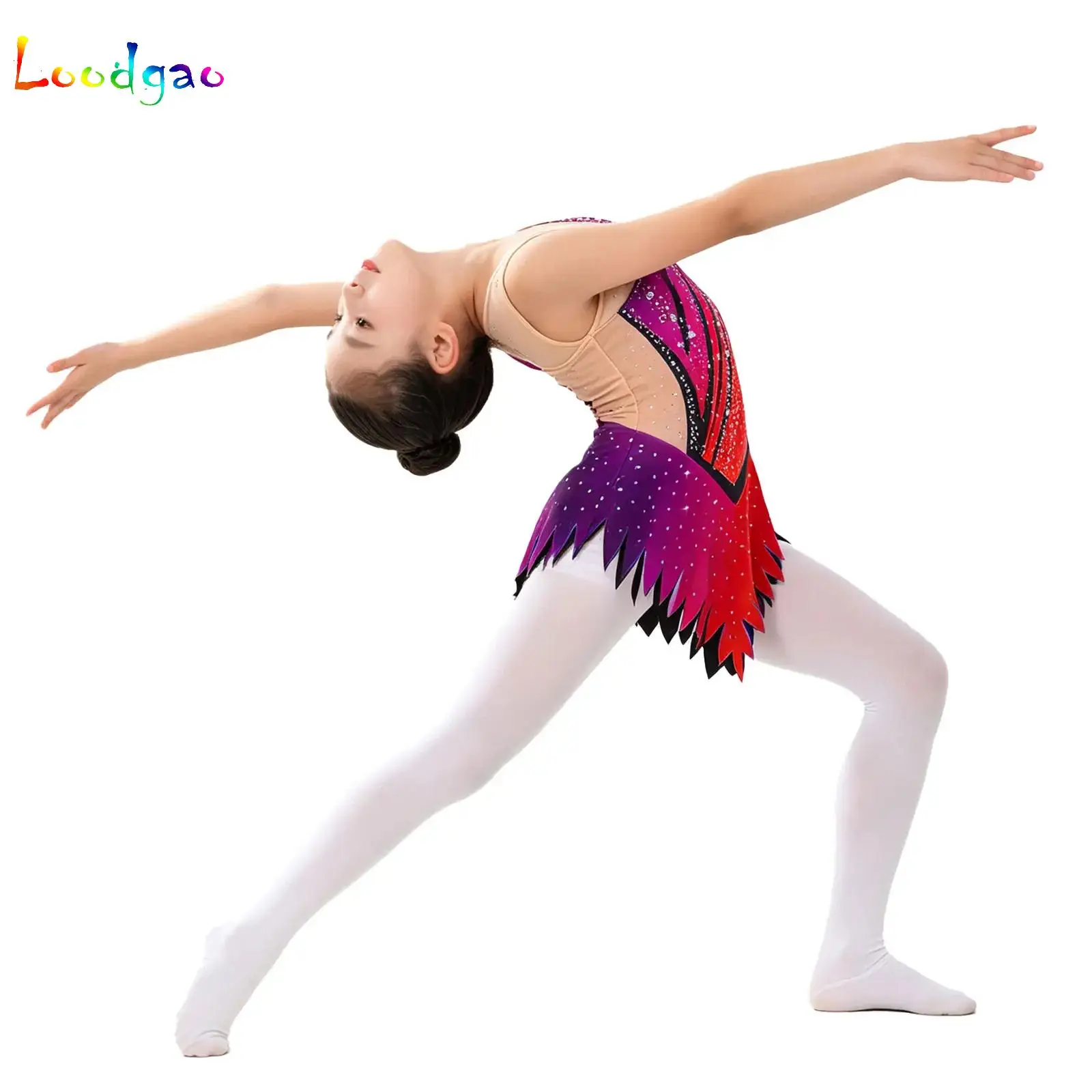 Kids Girls Artistic Figure Skating Leotard Dress Rhinestone Acrobatic Rhythmic Gymnastics Skirted Bodysuit Competition Costume