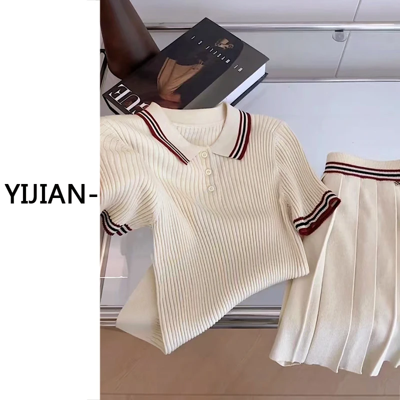 Conjunto Faion de verano para mujer, Top con cuello de punto Miu Sle, Falda plisada, traje de dos piezas, traje informal ort Sve