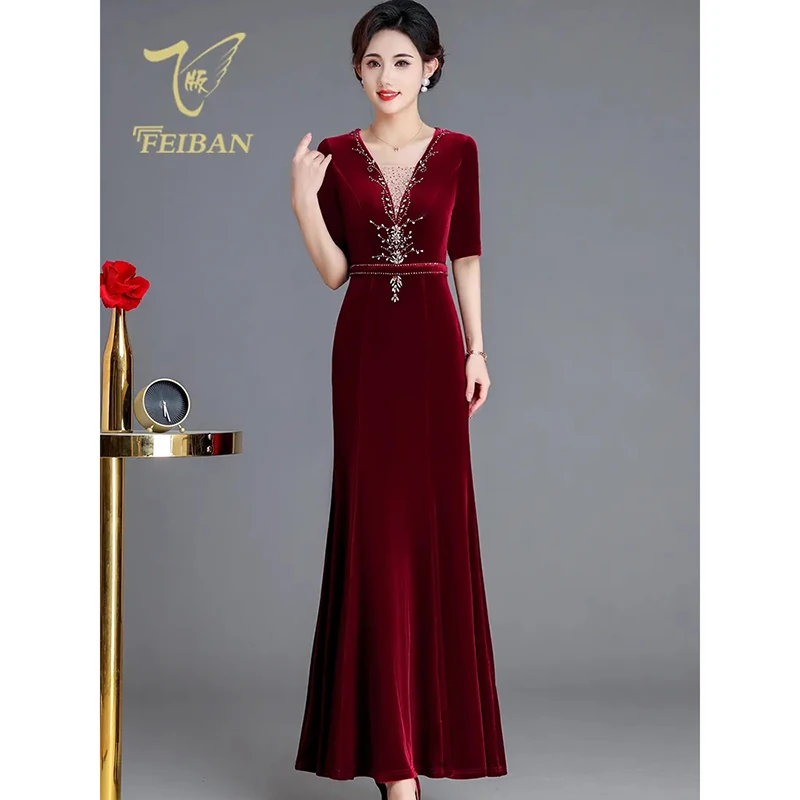 Vintage Diamonds Edding Dress 2025 Spring Attend Wedding Mother Dess Dinner Party Improved Cheongsam Short Sleeve Dresses Lady