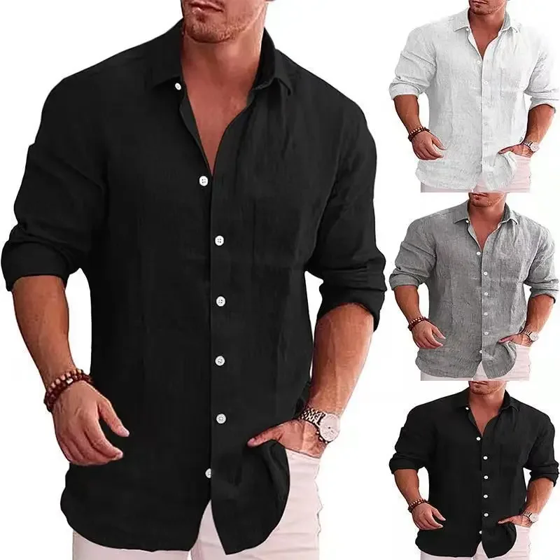 Camicia a maniche lunghe da uomo di vendita calda autunnale in lino di cotone tinta unita stile casual camicia di lino casual da uomo taglie forti