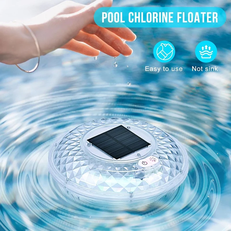 ABVA-Solar-Powered Chlorine Floater With Colorful Lights, Pool Chlorine Dispenser For 1 Inch & 3 Inch - Floating Pool Decor