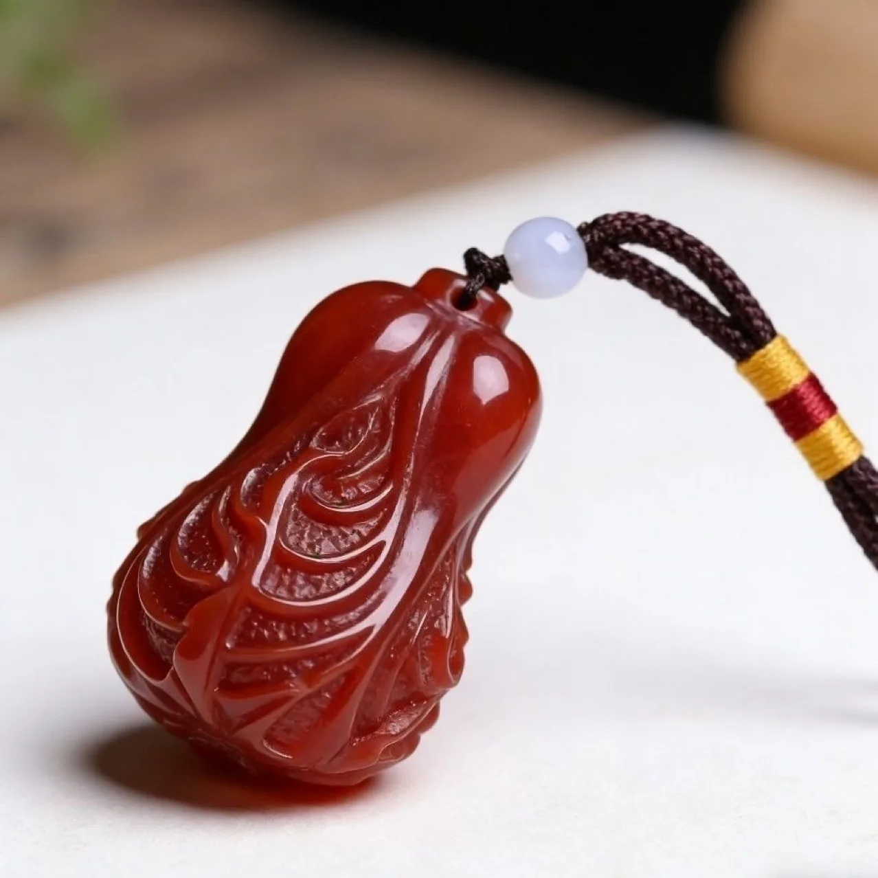 Chinese Traditional Style Natural Red Agate Persimmon Red Cabbage Carved Hand Piece Lucky Fortune Attracting Blessing Feng Shui