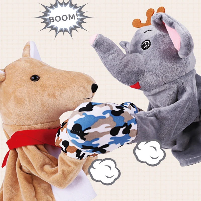 Animal de peluche boxeo dinosaurio mono elefante canguro interactivo marioneta de mano juguete dedo batalla sonido peluche muñeca niños regalo