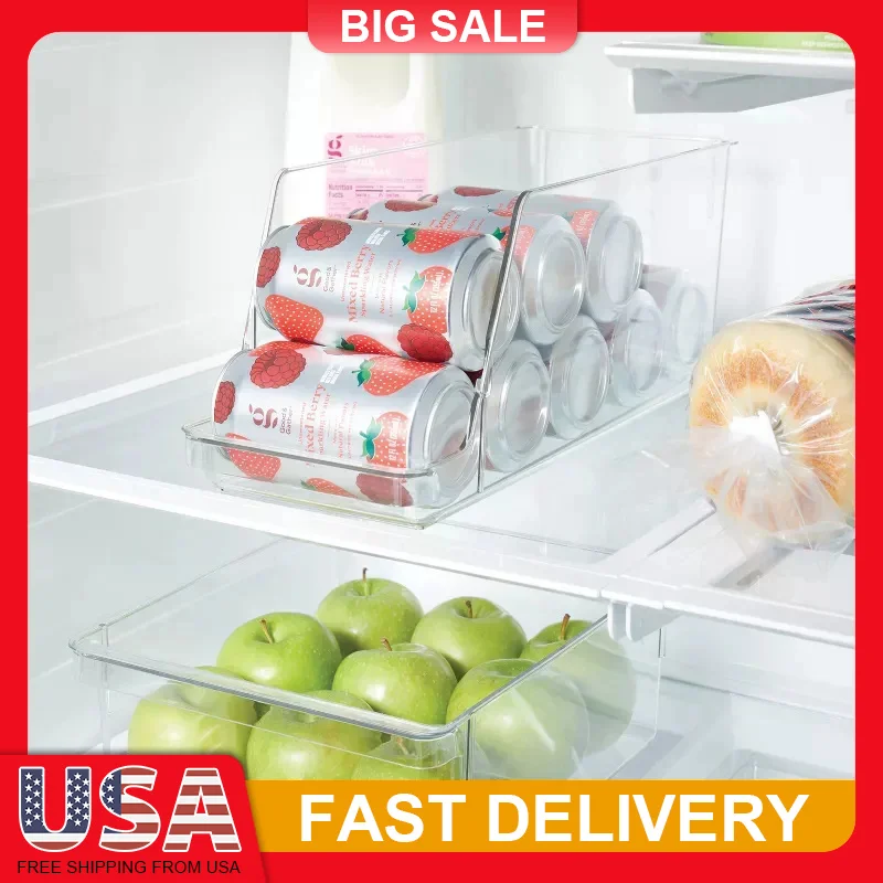 

Soda Can Organizer for Fridge Pantry Clear PETG Storage Bin BPA Free Raised Front Open Top Kitchen Cabinet Beverage Holder