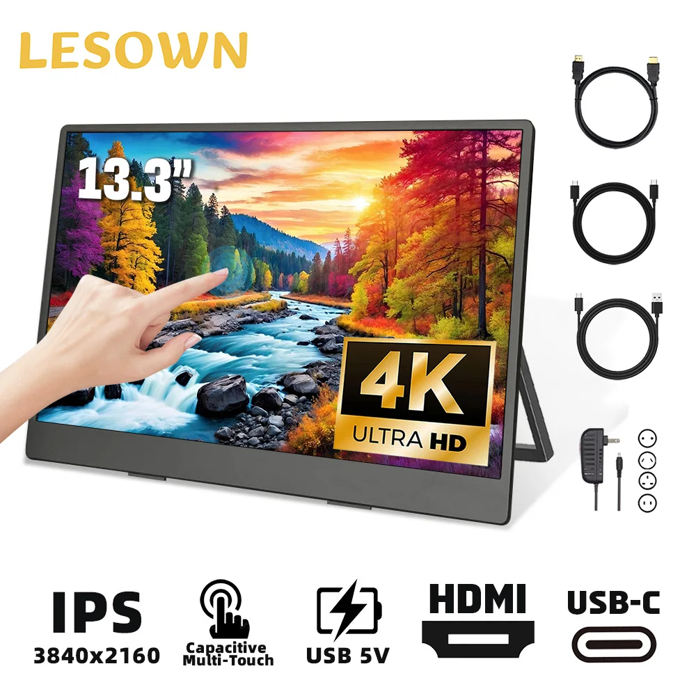 LESOWN Portable Monitor 13.3 inch 4K USB-C HDMI IPS Touch 1920x1080 Widescreen Secondary External Display with Speakers for PC