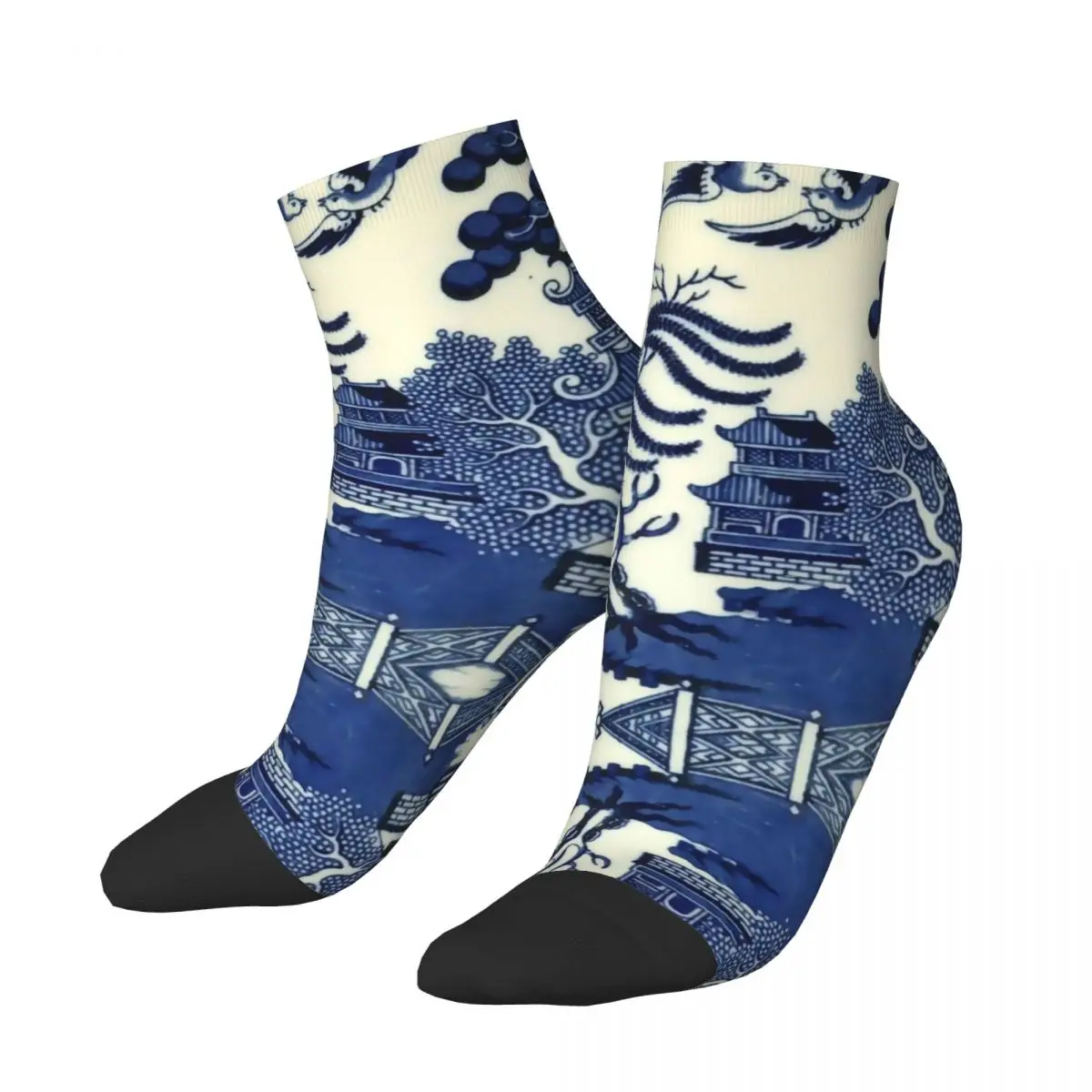 Antique Willow Ware Oriental Toile Men Women Crew Socks Unisex Novelty 3D Print Blue Delft Chinoiserie Pagoda Dress Socks