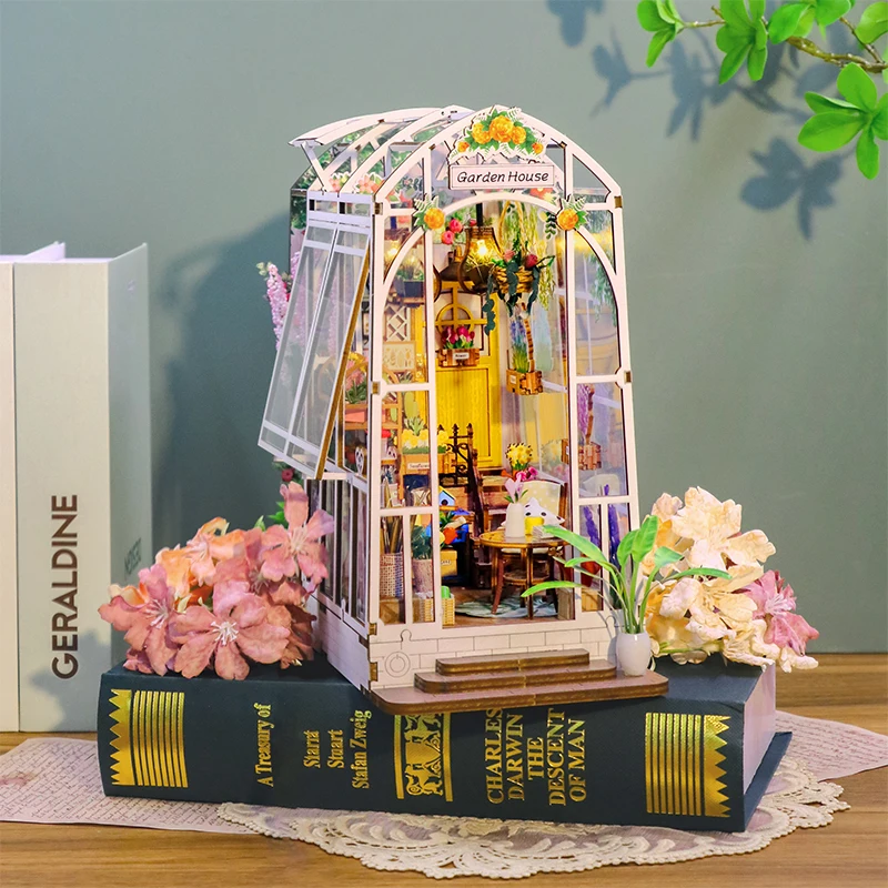 Imagem -03 - Moderno Faça Você Mesmo de Madeira Livro Nook Prateleira Inserir Kits de Construção em Miniatura Flower Garden House Bookend Decoração Adulto Handmade Presentes Novo