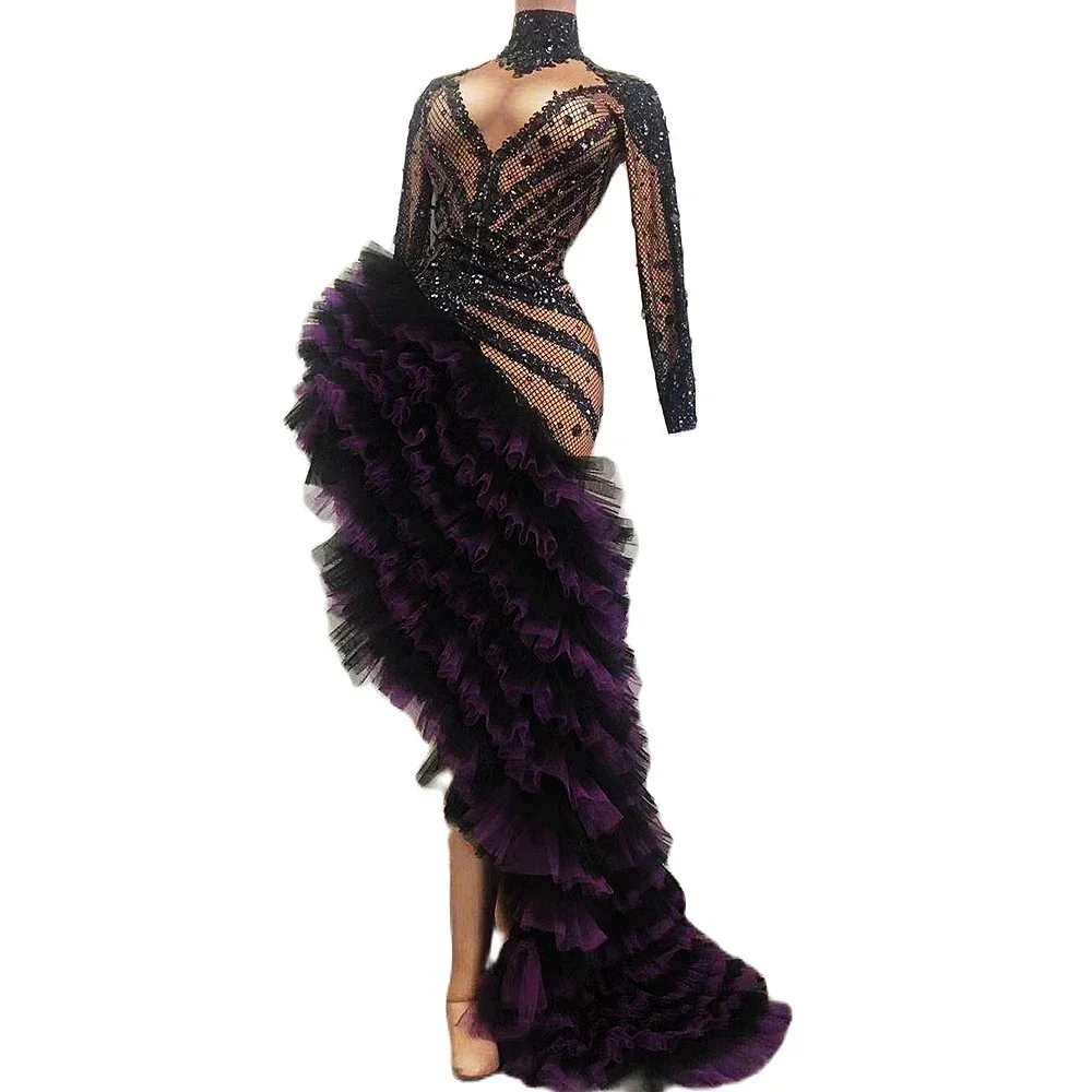 Long Sleeves Mesh Shining Sequins Sexy Purple And Black Gauze Folds Dress For Women Prom Dance Entertainer Drag Queen Costumes