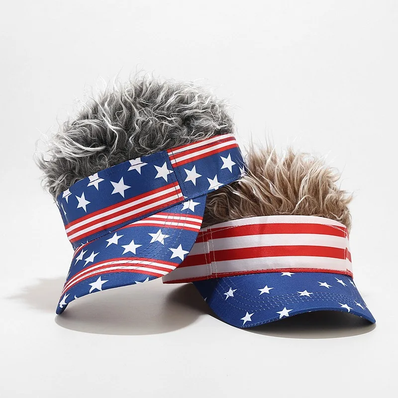 Men's Visor Wig Hat Spiked Adjustable Baseball Cap Hats American Flag Wig Golf Hats for Sports Event Carnival Festival Party