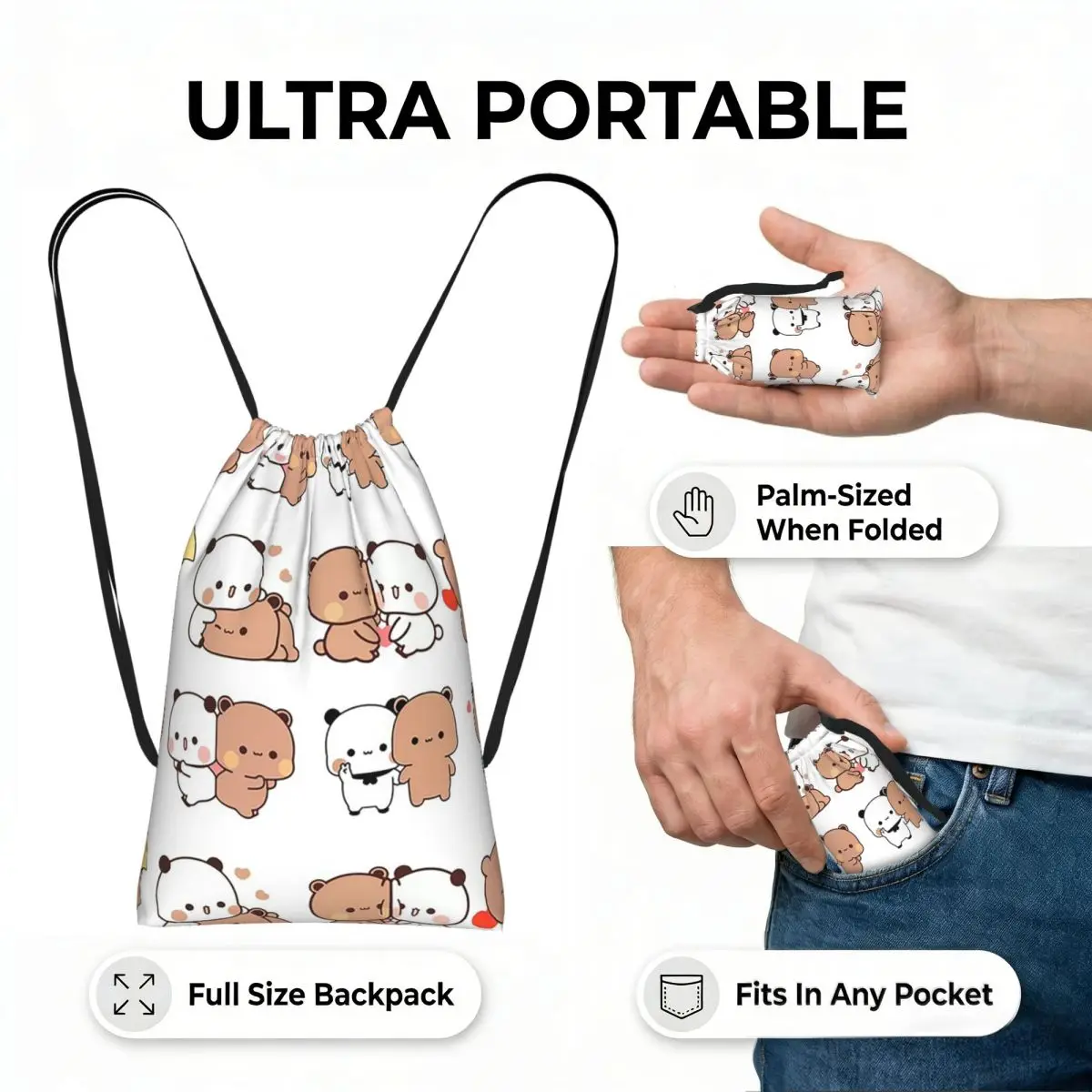 Bubu Dudu Bear And Panda Drawstring Backpack hiking cycling Bag Lightweight Foldable Storage Drawstring Bag for Men Women