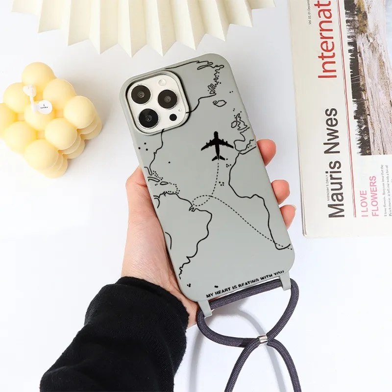 フライトルート柄 iPhone 16 15 14 Pro Max 13 12 Mini 11Pro XS XR 7 8 Plus SE用 ランヤード付き耐衝撃ソフトケース