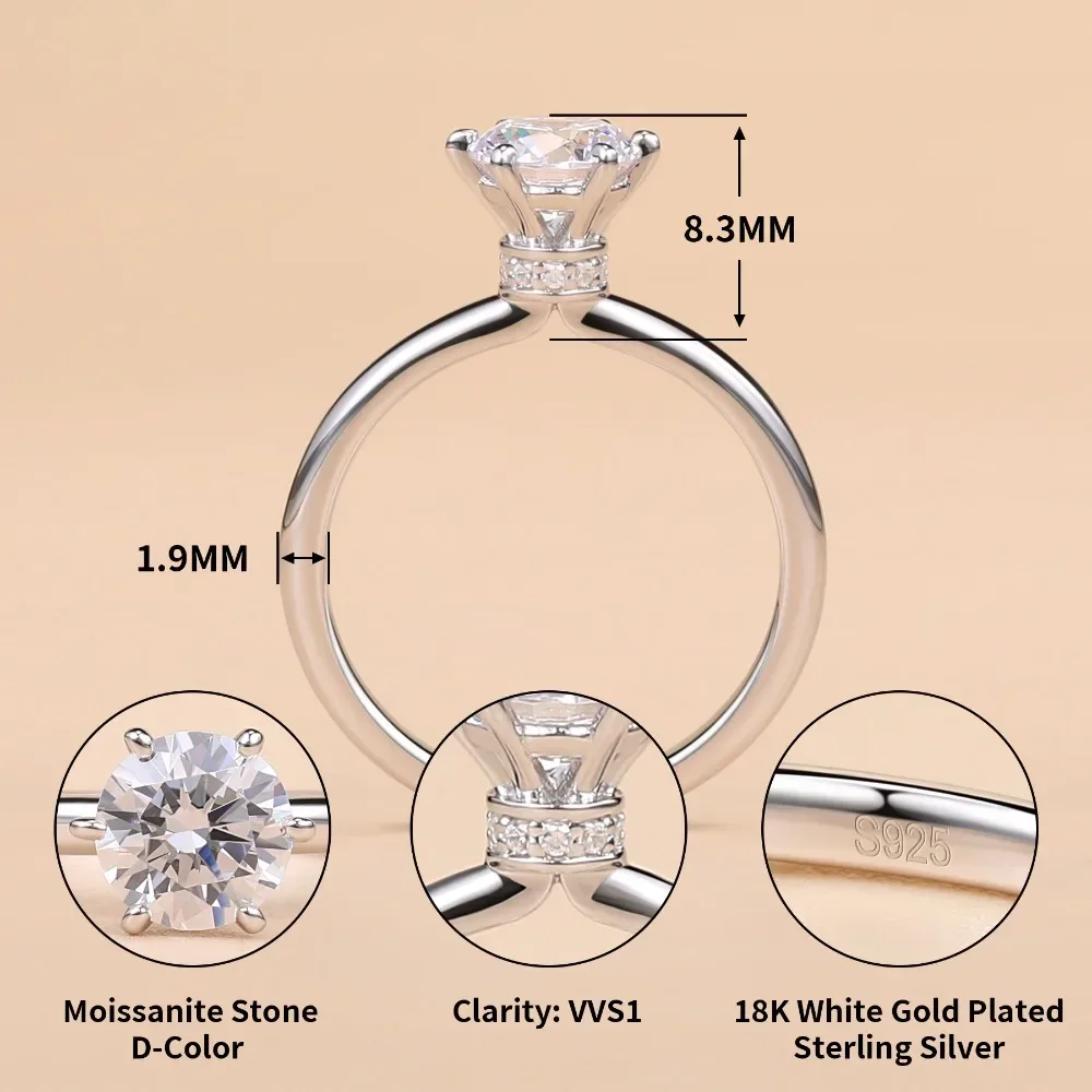 M-JAJA 1CT Moissanite Solitaire Ring 925 Sterling Silver Lab Diamond Engagement Rings for Women Round Cut D Color VVS1 Jewelry