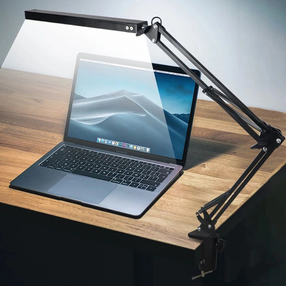 LED Folding Metal Desk Lamp Clamp Long Arm Dimming Table Lamp Clip On Light For Living Room Reading And Computers 3 Color Modes