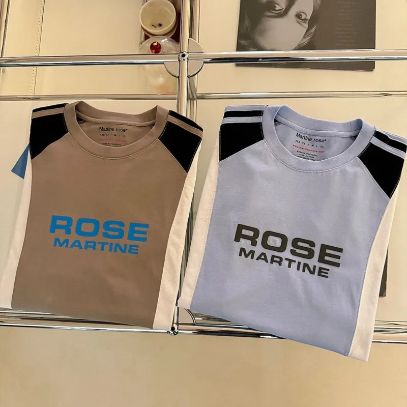 

Summer Men Women Rose Tshirts Gray White Blue White Contrast Patchwork Round Neck Short Sleeve Vinatge Top Tees Street Outfit