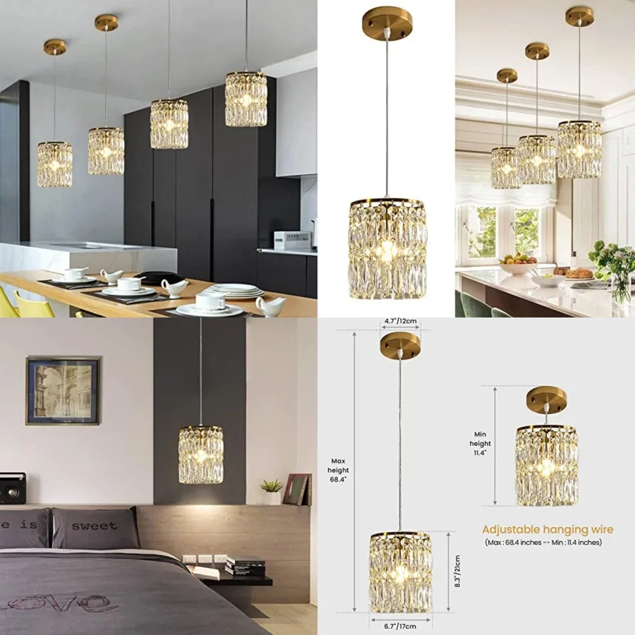 Crystal Chandeliers for Dining Room Modern Gold Pendant Lights Height Adjustable Island Lights 1-Light Hanging Ceiling Lighting