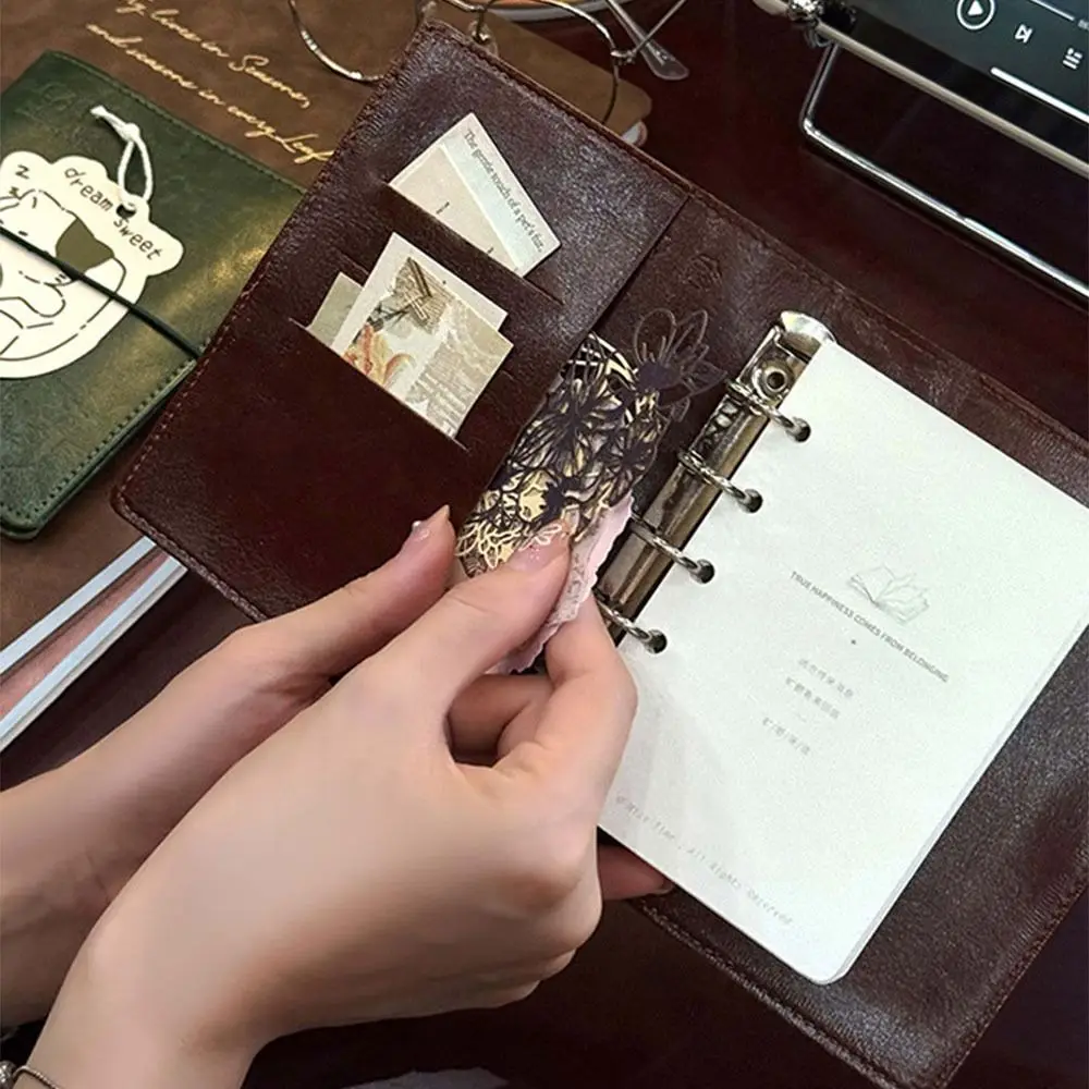 Portable Loose-Leaf Notebook PU Leather Hardcover 80 Sheets Work Record Book 5-Ring with Calculator Binder Notepad