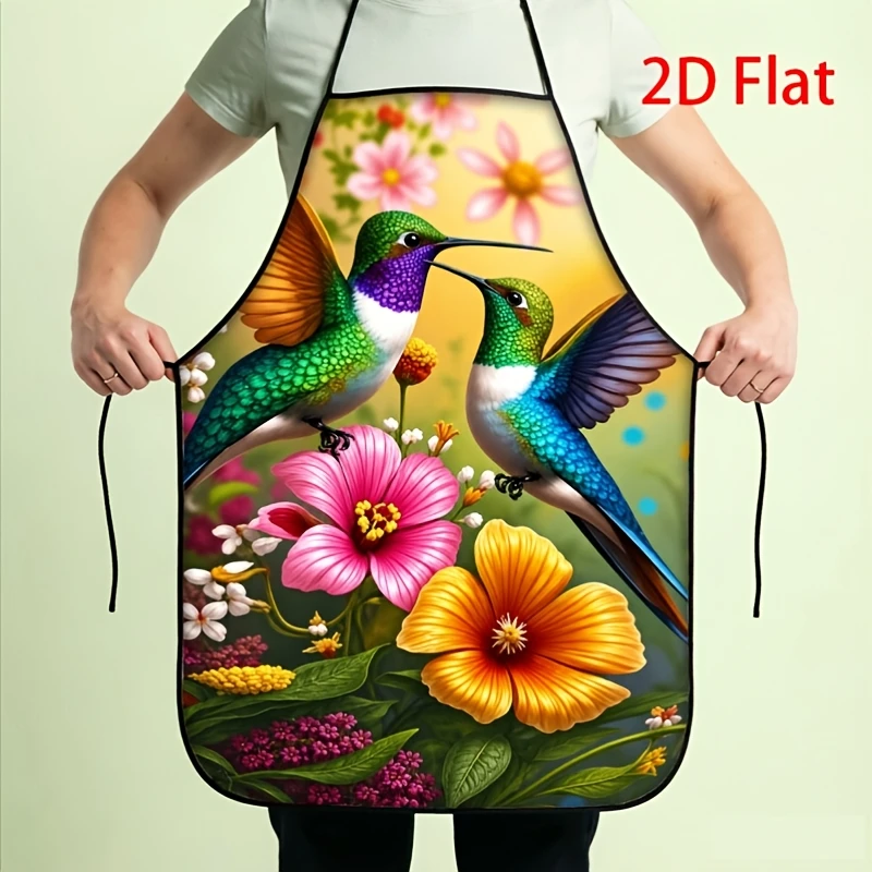 1pc 2D Printed Apron, Adjustable Straps, Suitable For Daily Use Or Gifting To Cooking Enthusiasts. Vibrant Hummingbird And Flora