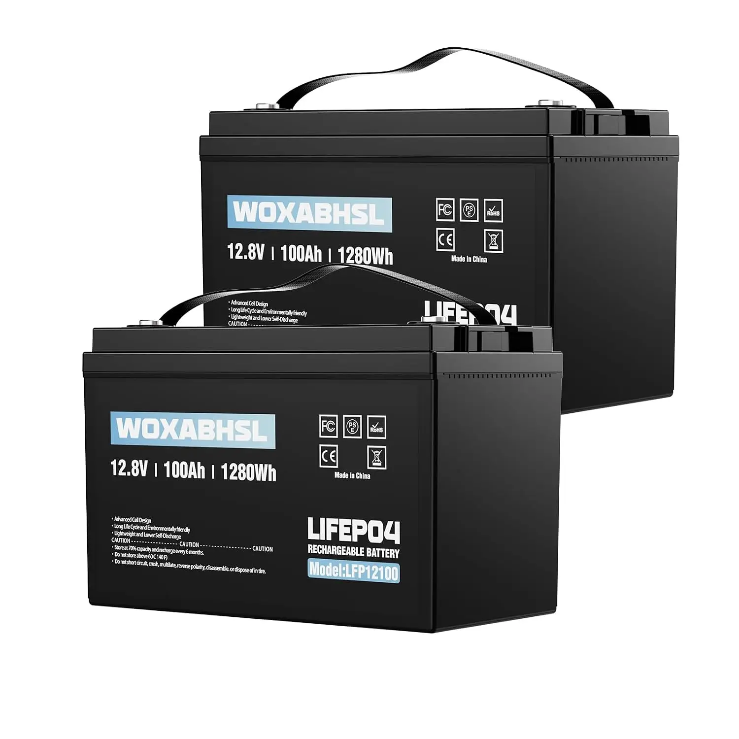 2PCS 12V 100Ah LiFePO4 Battery 100A BMS 15000+ Cycles 1280W Output FCC UL RV Solar Marine, Customized