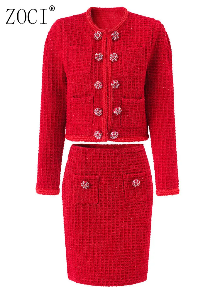

ZOCI женский классический костюм, модный вязаный комплект, короткая куртка с круглым вырезом, полуюбка, комплект из двух предметов, офисный женский комплект 2024, весенний новый предмет