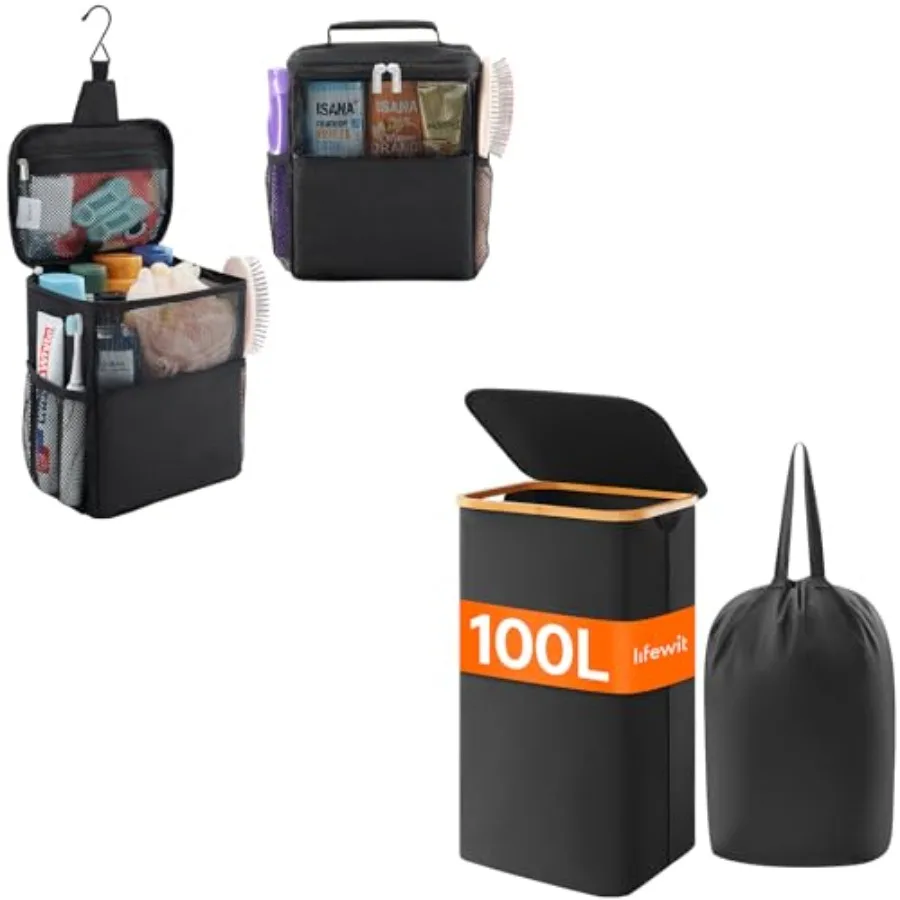 

1 упаковка сетчатой сумки-органайзера для душа и 1 упаковка корзины для белья на 100 л с крышкой