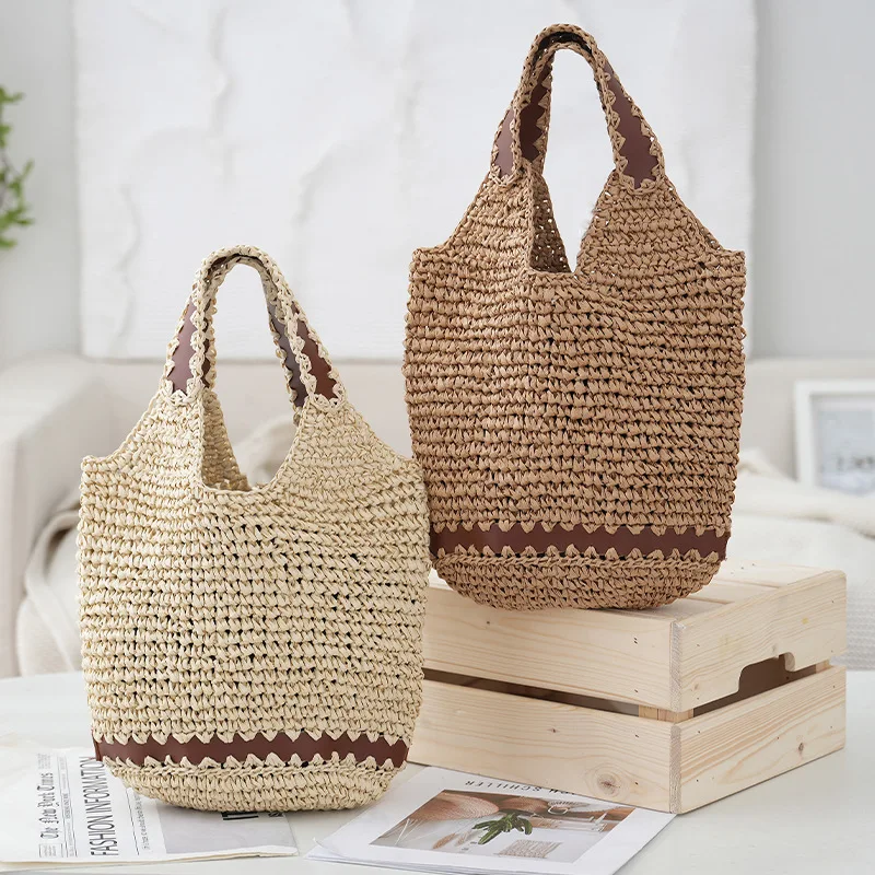 

Handmade Rattan French Retro Water Bucket Bag Beach Vacation Large Capacity Spacious Straw Tote Bag for Women Summer Travel