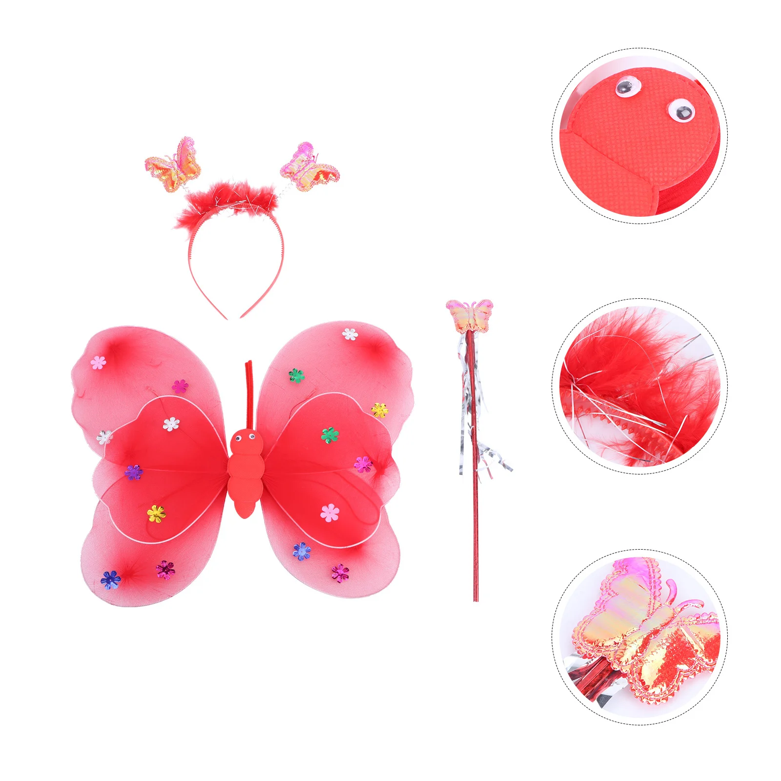 3Pcs LED Light Fairy Wings Set Red Includes Double Layer Wings Elastic Straps Headband and Wand Girls Costume Night Party Outfit